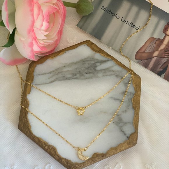 Moon and Star Double Chain Pendant Necklace - Picture 5 of 9